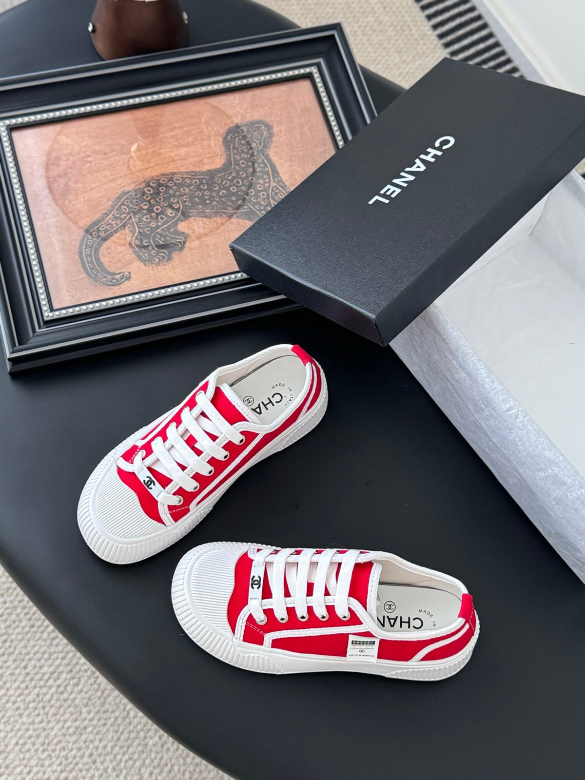 Chanel Women Red Canvas And Rubber Sneakers