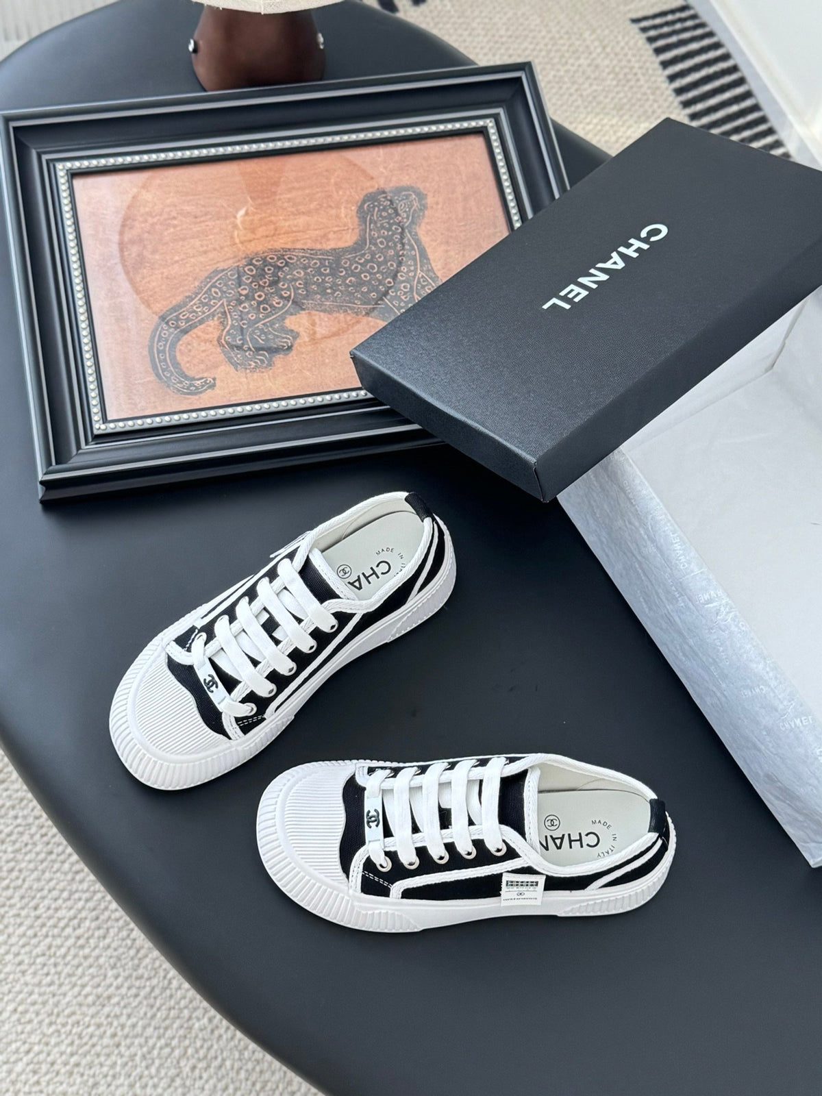 Chanel Women Black Canvas White Trim Sneakers