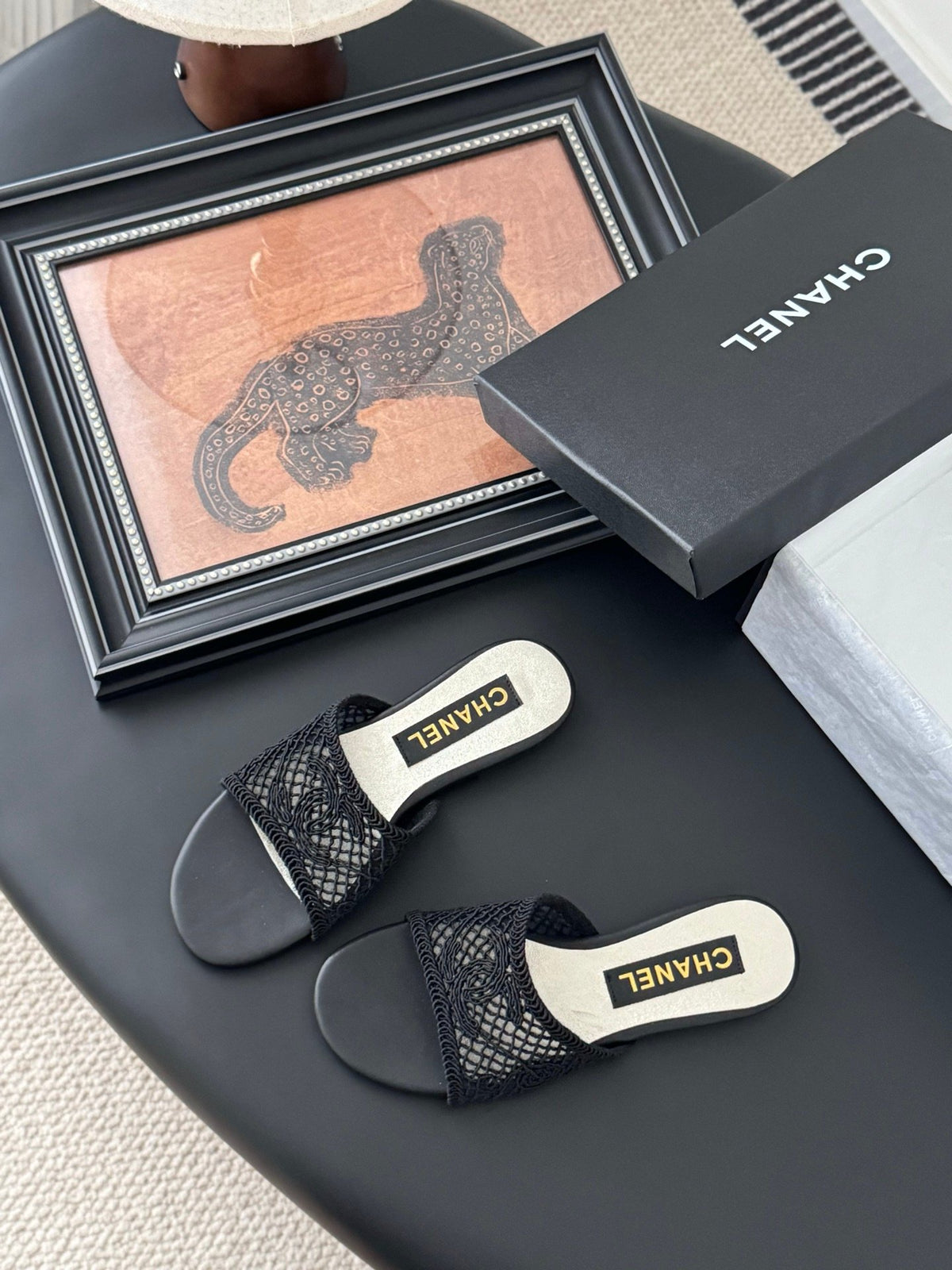 Chanel Women Black Mesh Slide Sandals