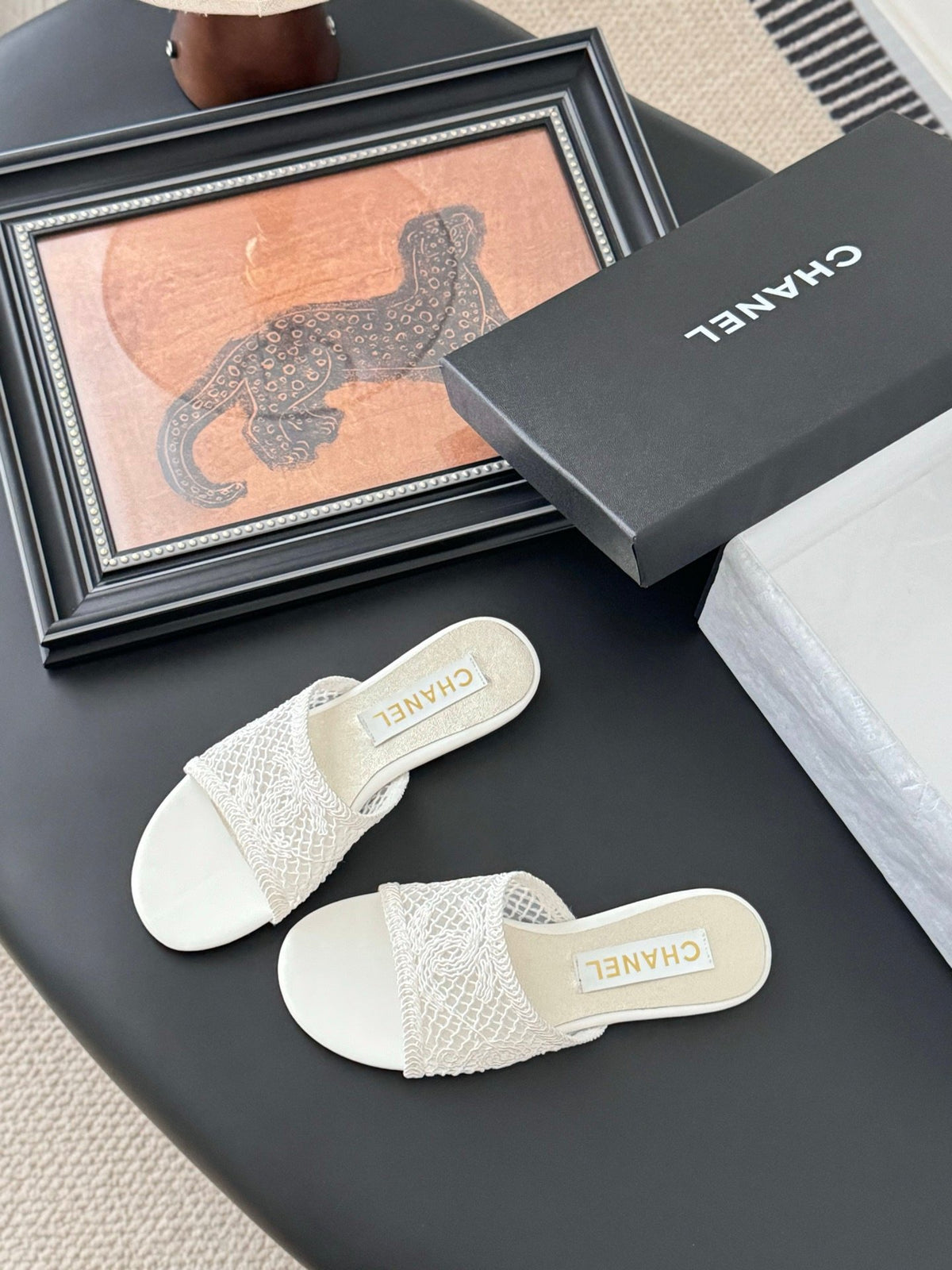 Chanel Women White Lace Mesh Slides