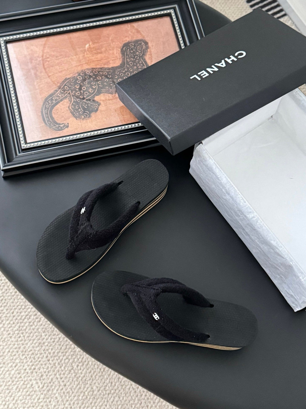 Chanel Women Black Fabric Strap Flip Flop Sandals