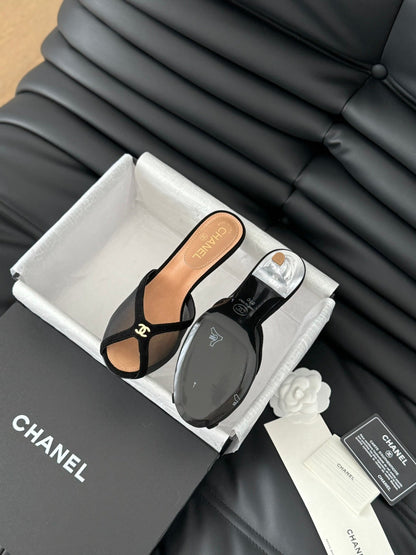 Chanel Women Black Mesh Logo Slide Sandals
