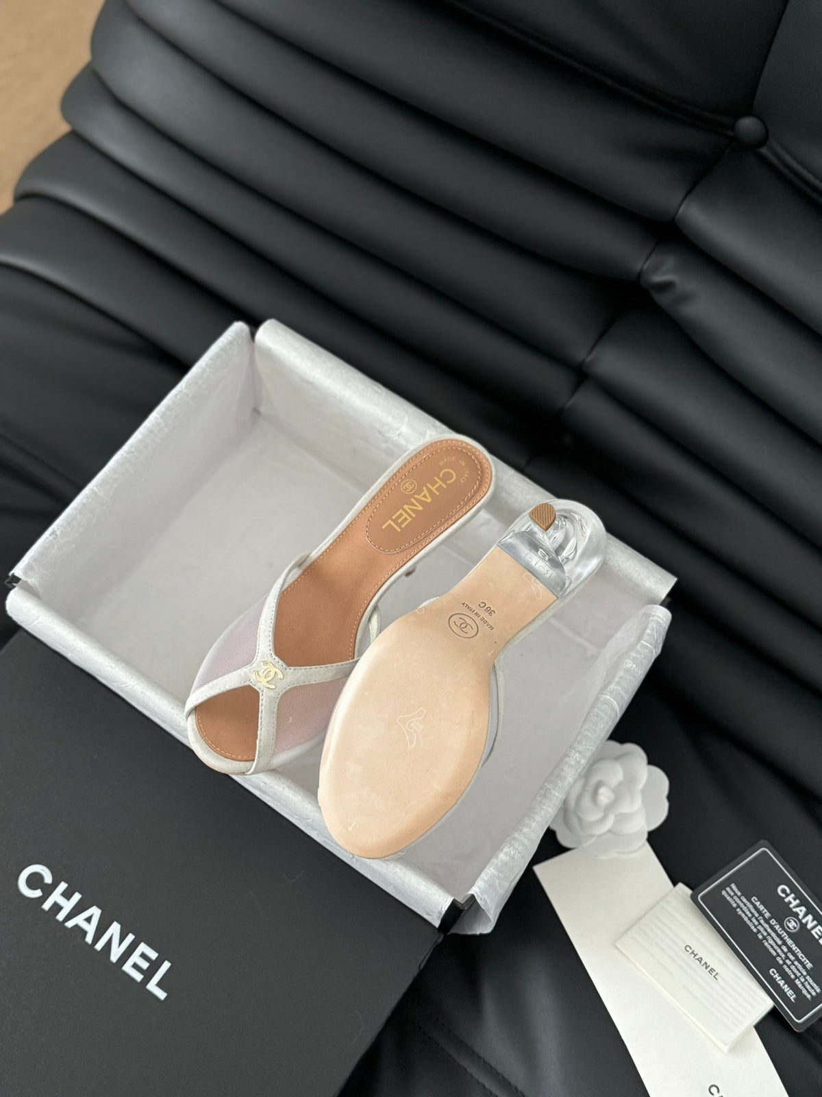 Chanel Women Beige Mesh And Leather Mules