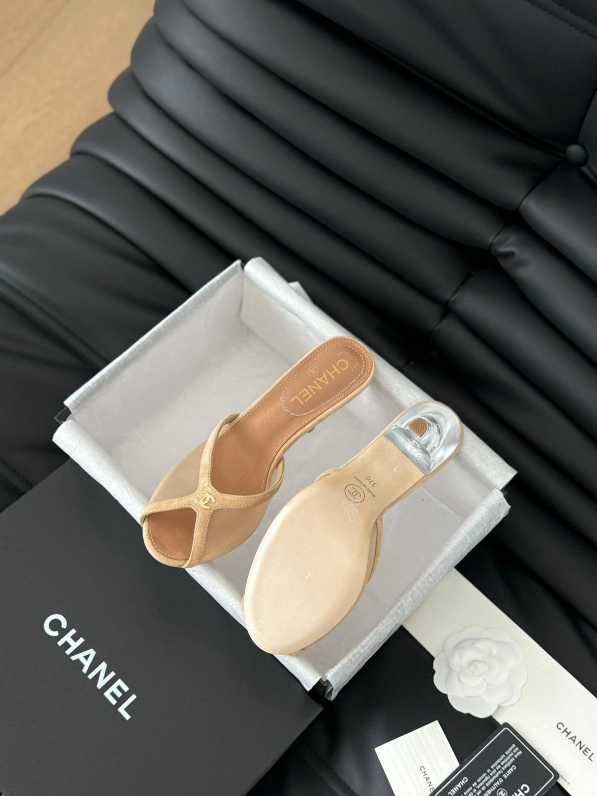 Chanel Women Beige Leather Slides