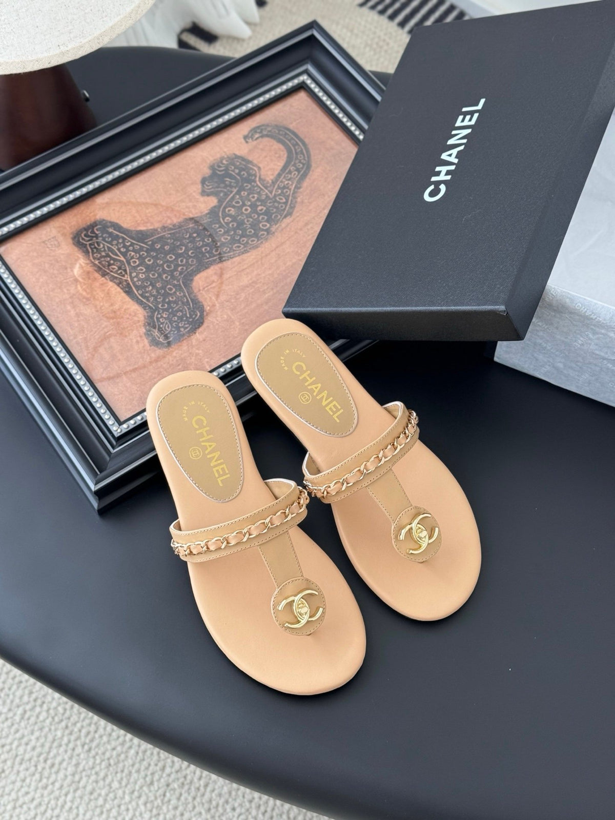Chanel Women Beige Leather Slides