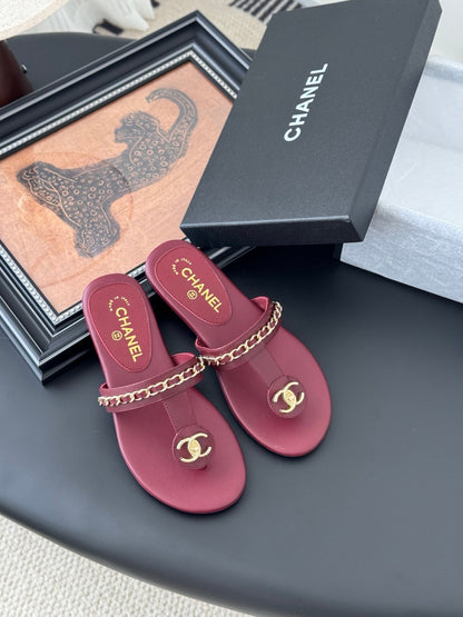 Chanel Women Burgundy Leather Chain Detail Slides