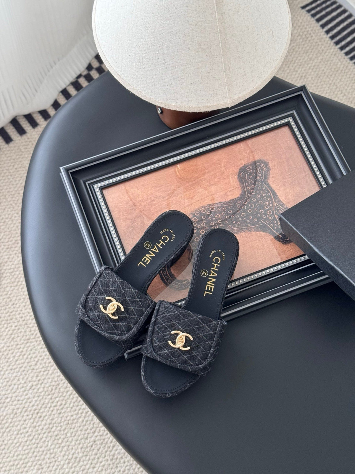 Chanel Women Black Quilted Fabric Slides