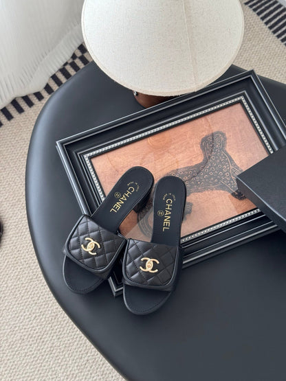 Chanel Women Black Quilted Leather Slides