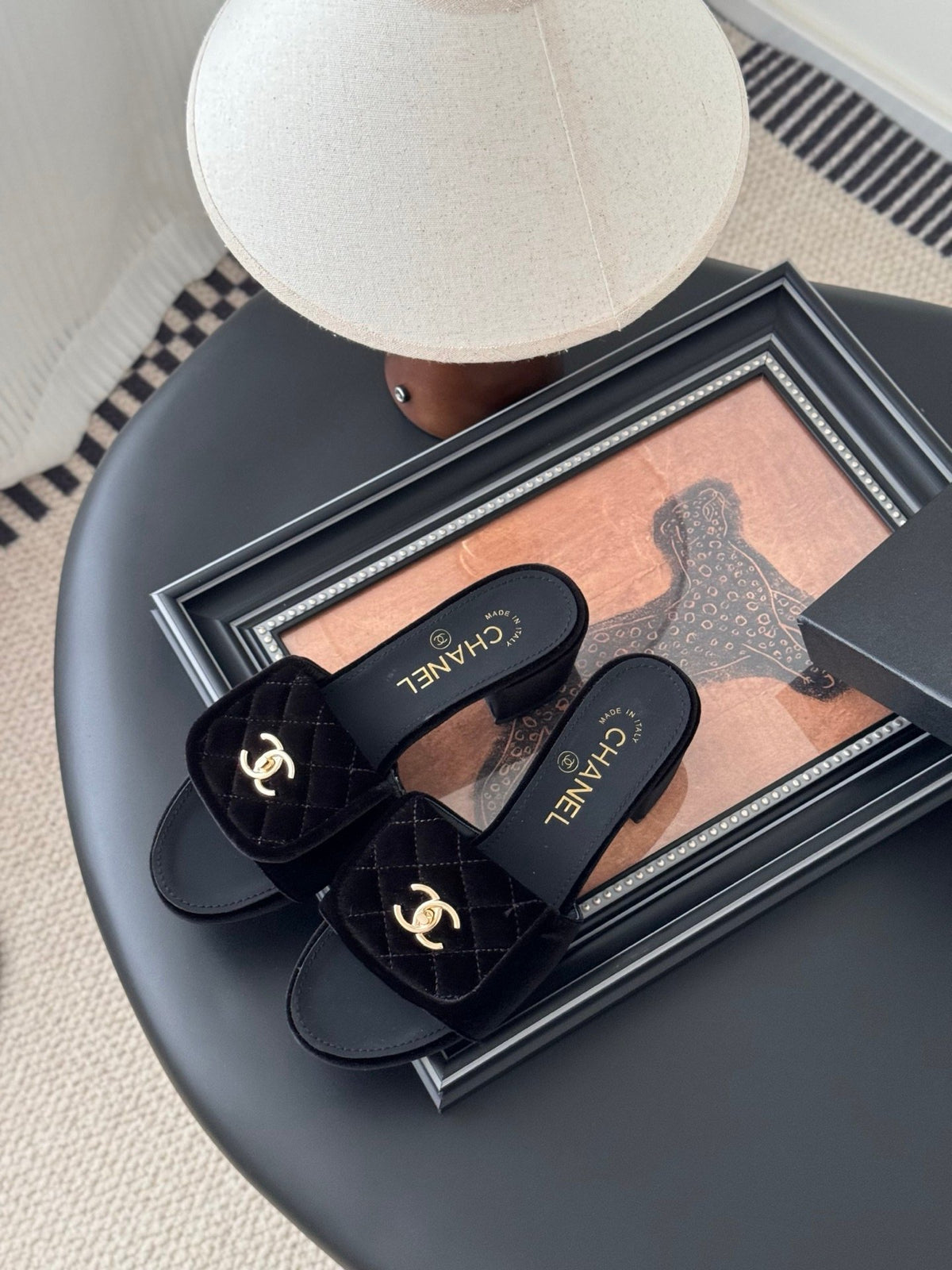 Chanel Women Black Quilted Velvet Slides