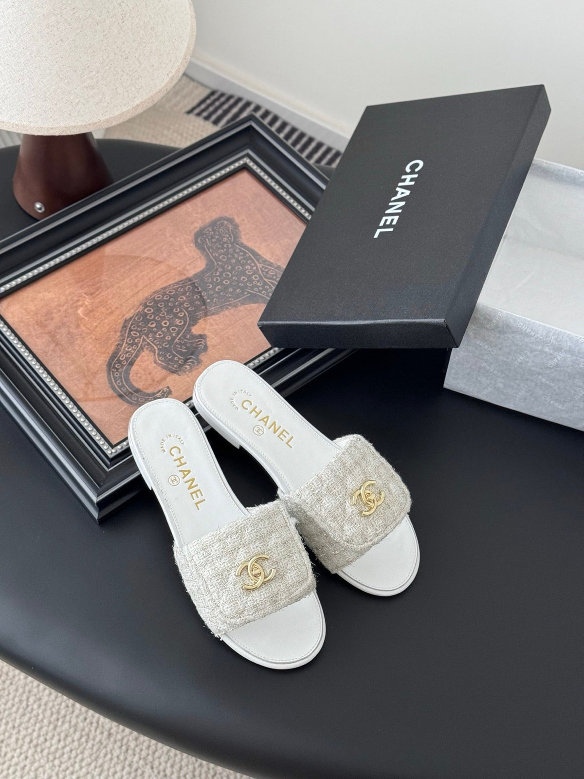 Chanel Women Beige Tweed Slides