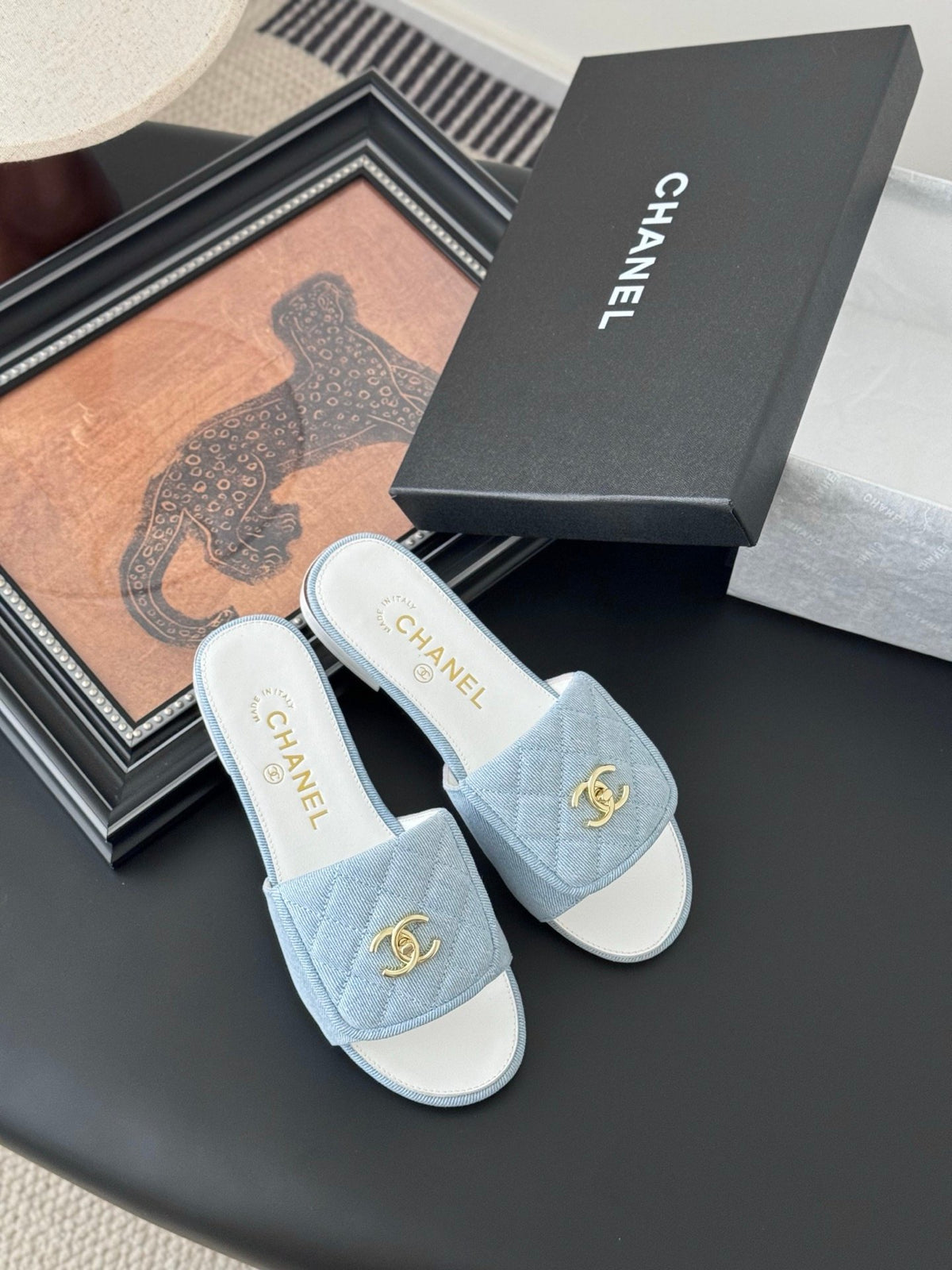 Chanel Women Light Blue Quilted Fabric Slides