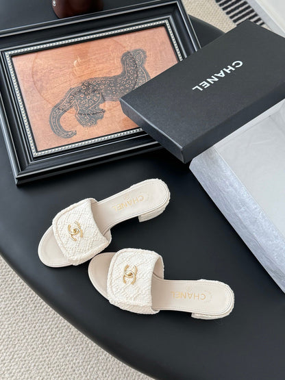 Chanel Women Cream Tweed Slides