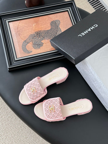 Chanel Women Pink Woven Leather Slides