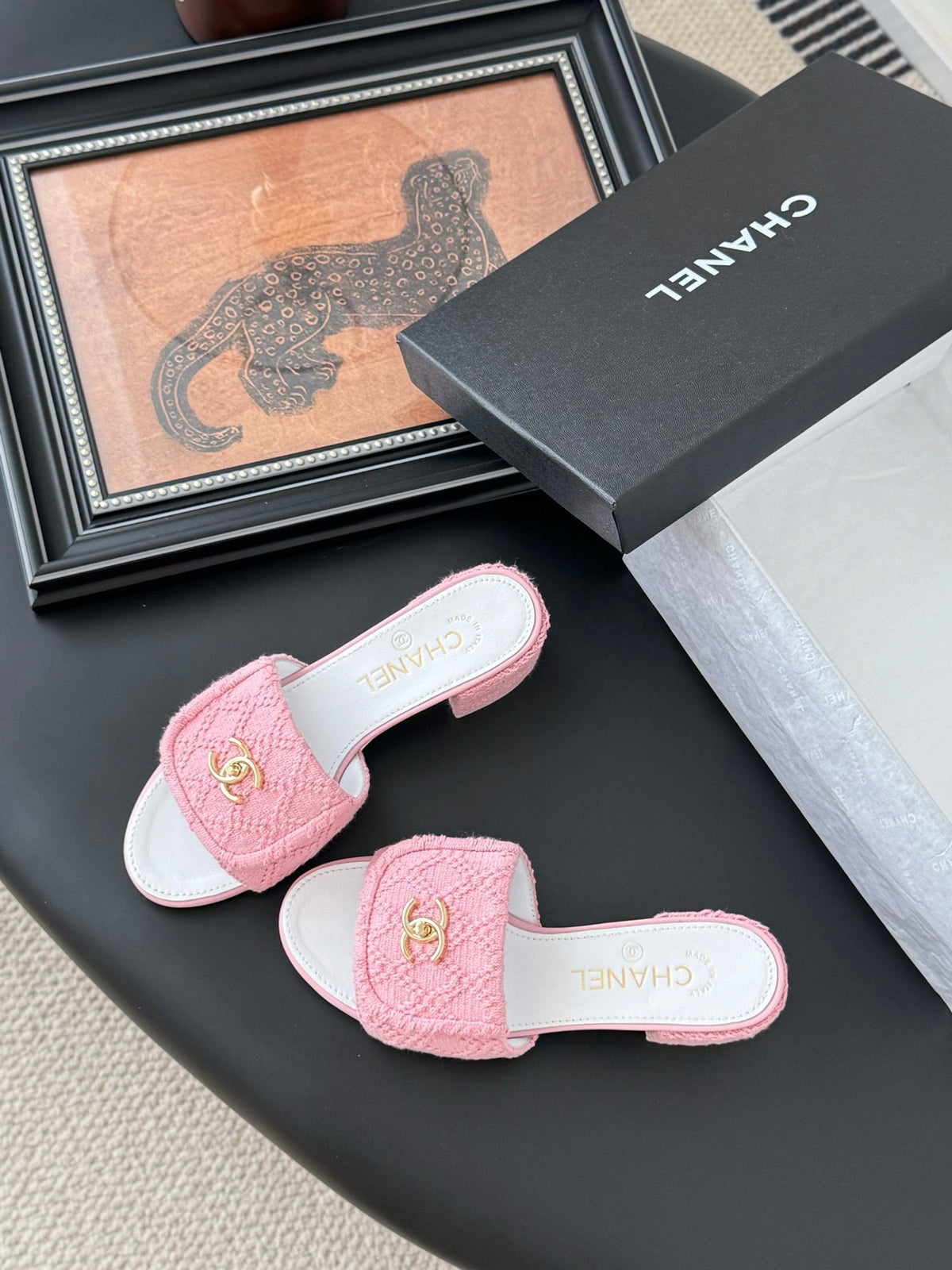 Chanel Women Pink Tweed Slides