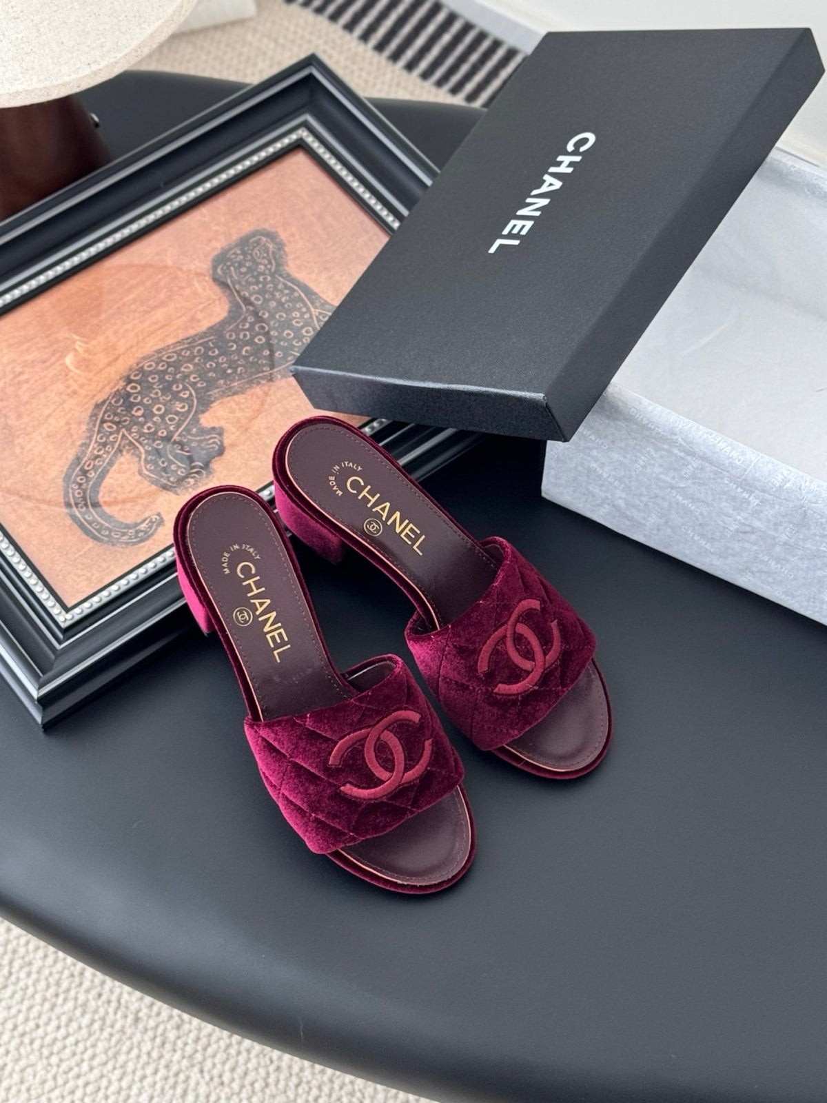 Chanel Women Burgundy Velvet Slide Sandals