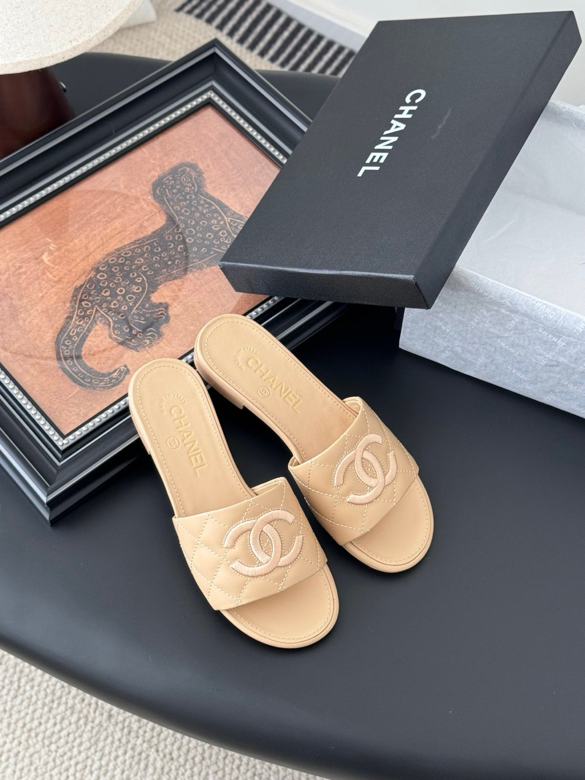 Chanel Women Beige Quilted Leather Slides