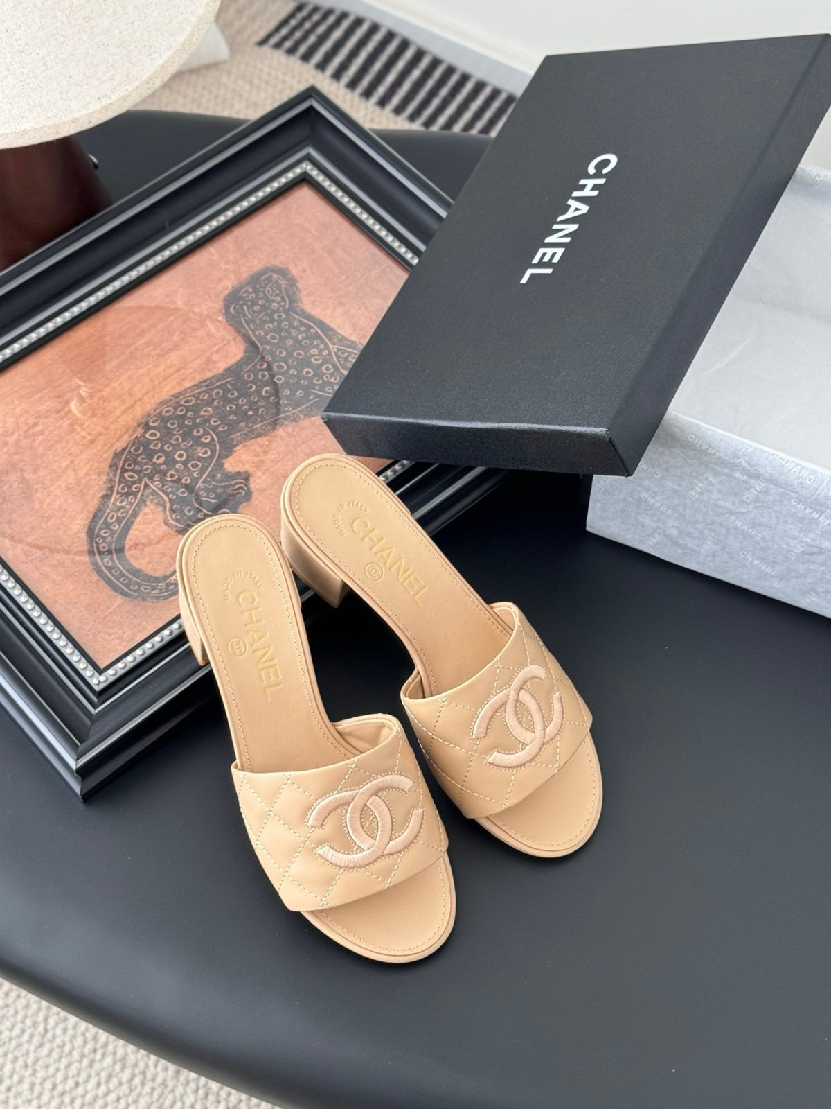Chanel Women Beige Leather Quilted Slides