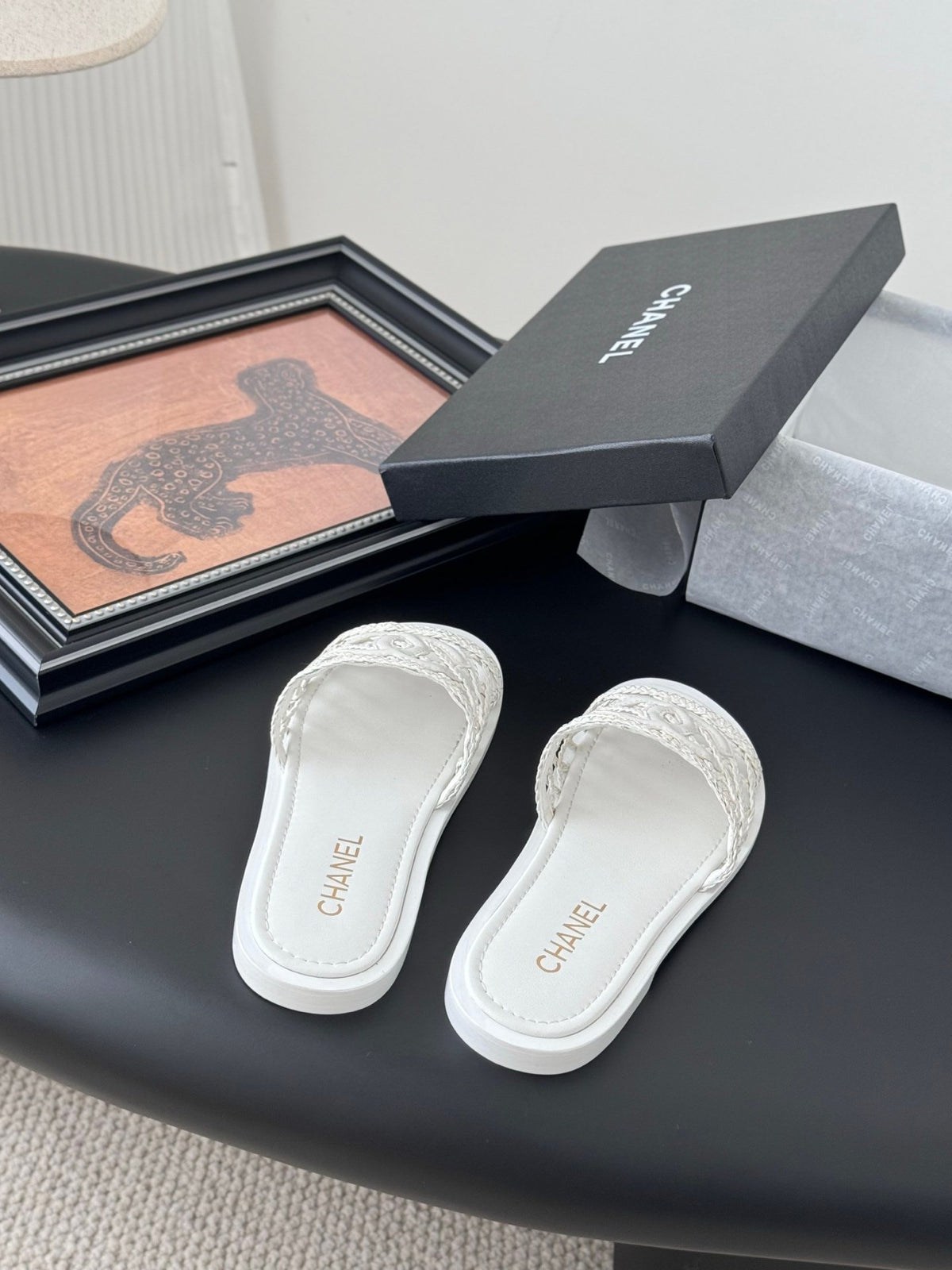 Chanel Women White Woven Leather Slides