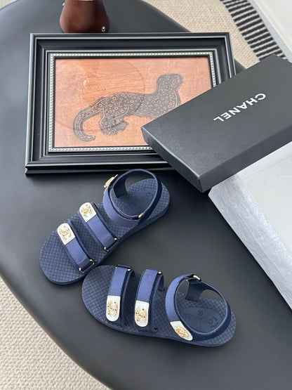 Chanel Women Navy Fabric And Rubber Sandals
