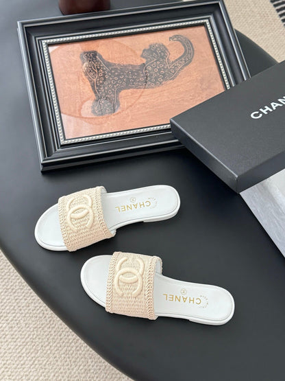 Chanel Women Beige Woven Fabric Slides