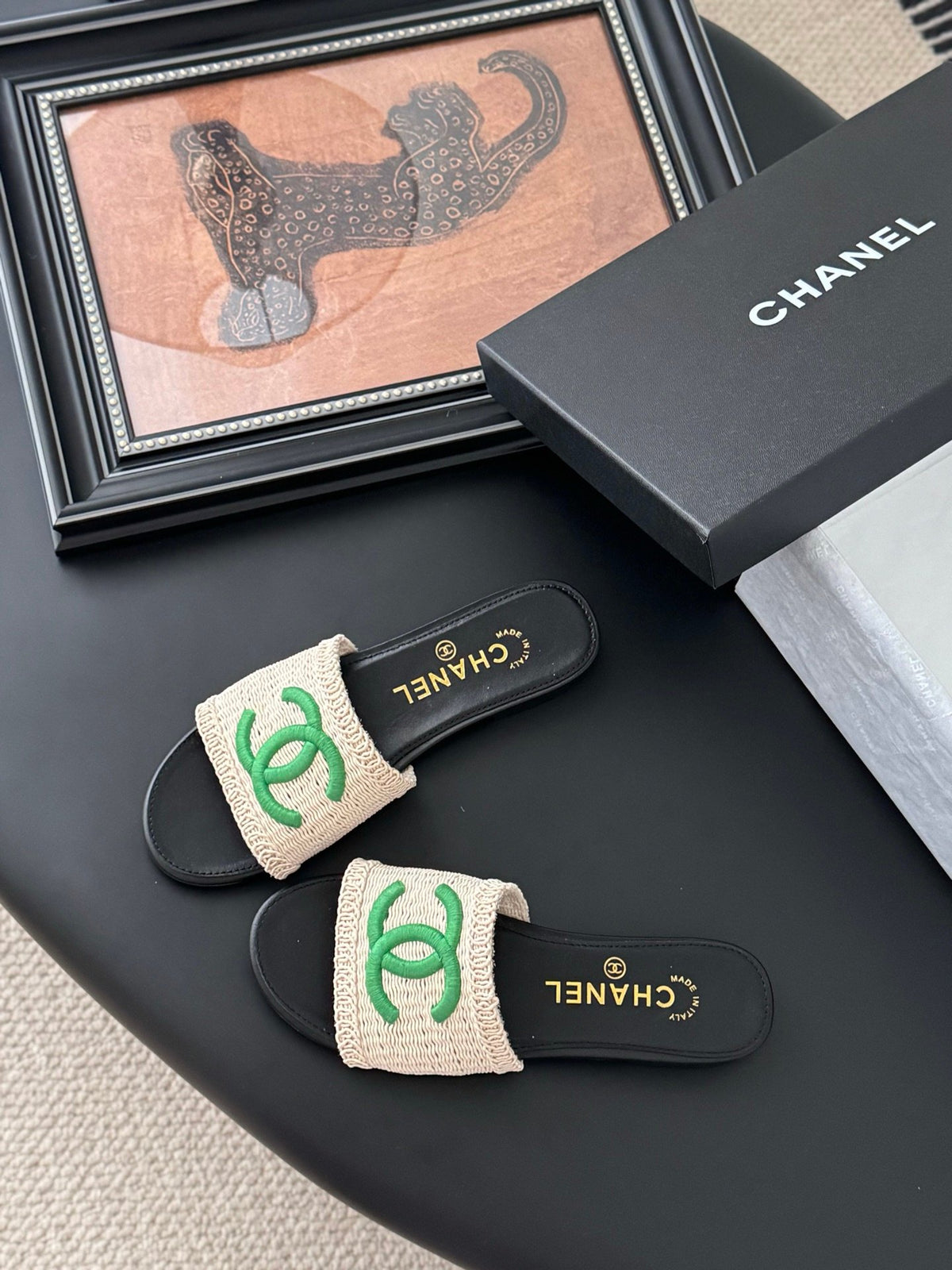 Chanel Women Beige Fabric Green Logo Slides