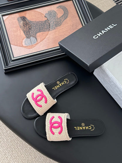 Chanel Women Black Leather And Beige Fabric Slides