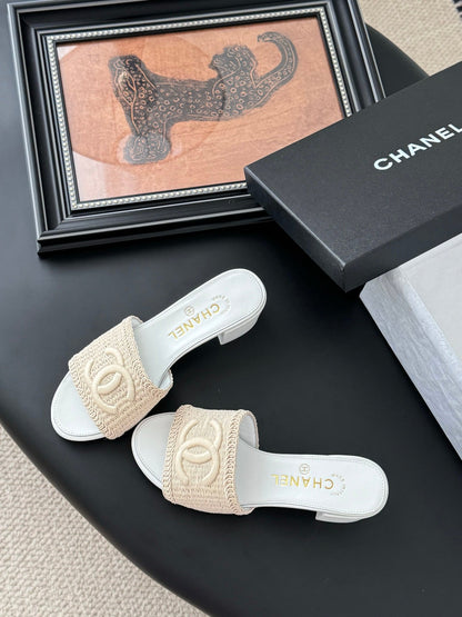 Chanel Women Beige Woven Fabric Slides