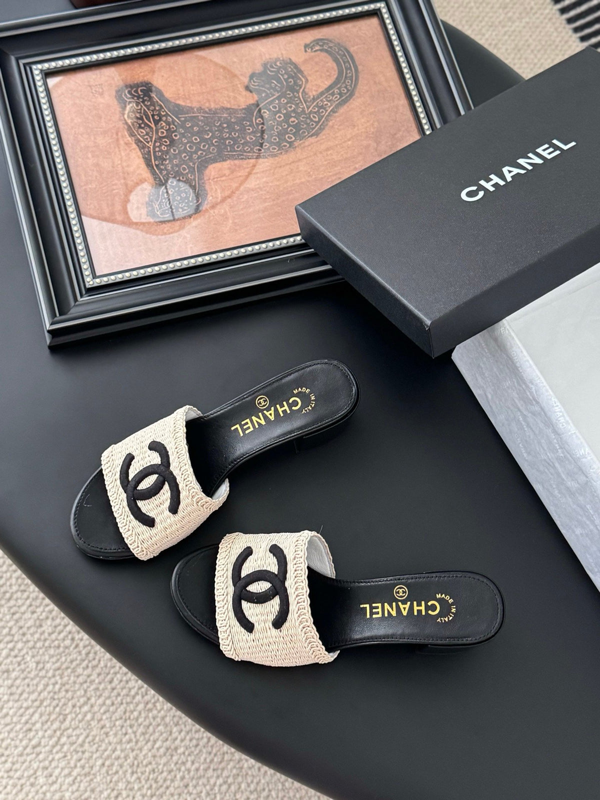 Chanel Women Beige Woven Fabric Black Leather Slides