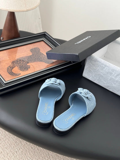 Chanel Women Light Blue Fabric Slides
