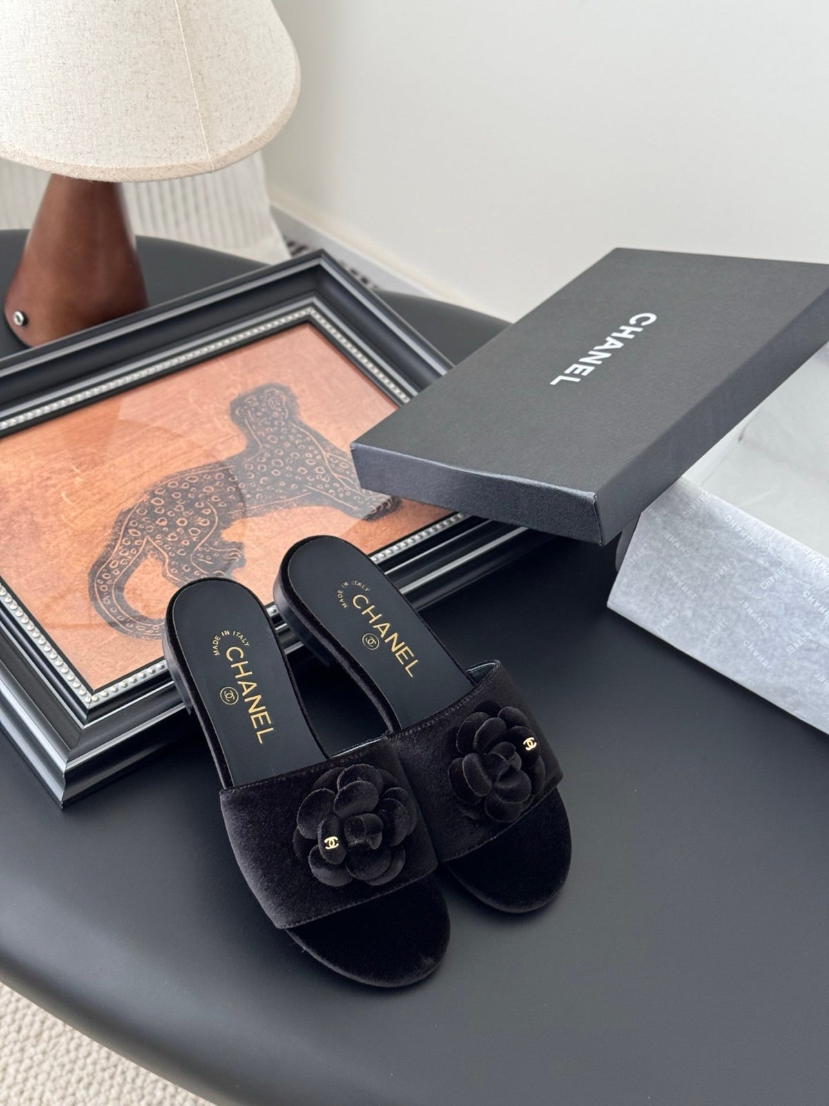 Chanel Women Black Velvet Flower Embellished Slides