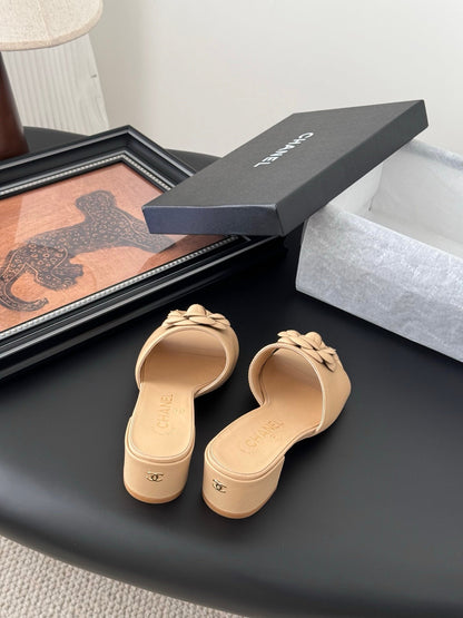 Chanel Women Beige Leather Mules