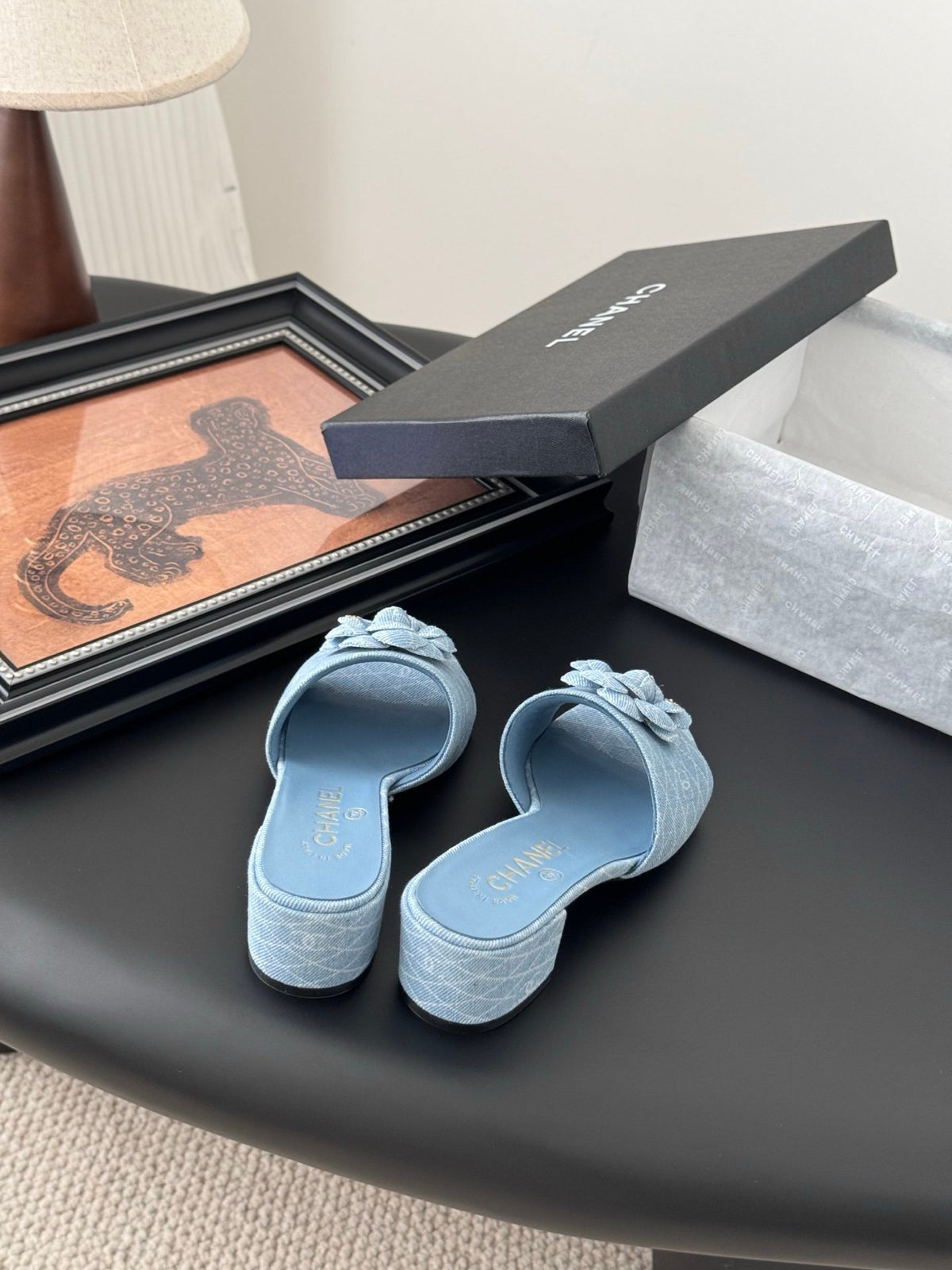 Chanel Women Light Blue Fabric Floral Slide Sandals