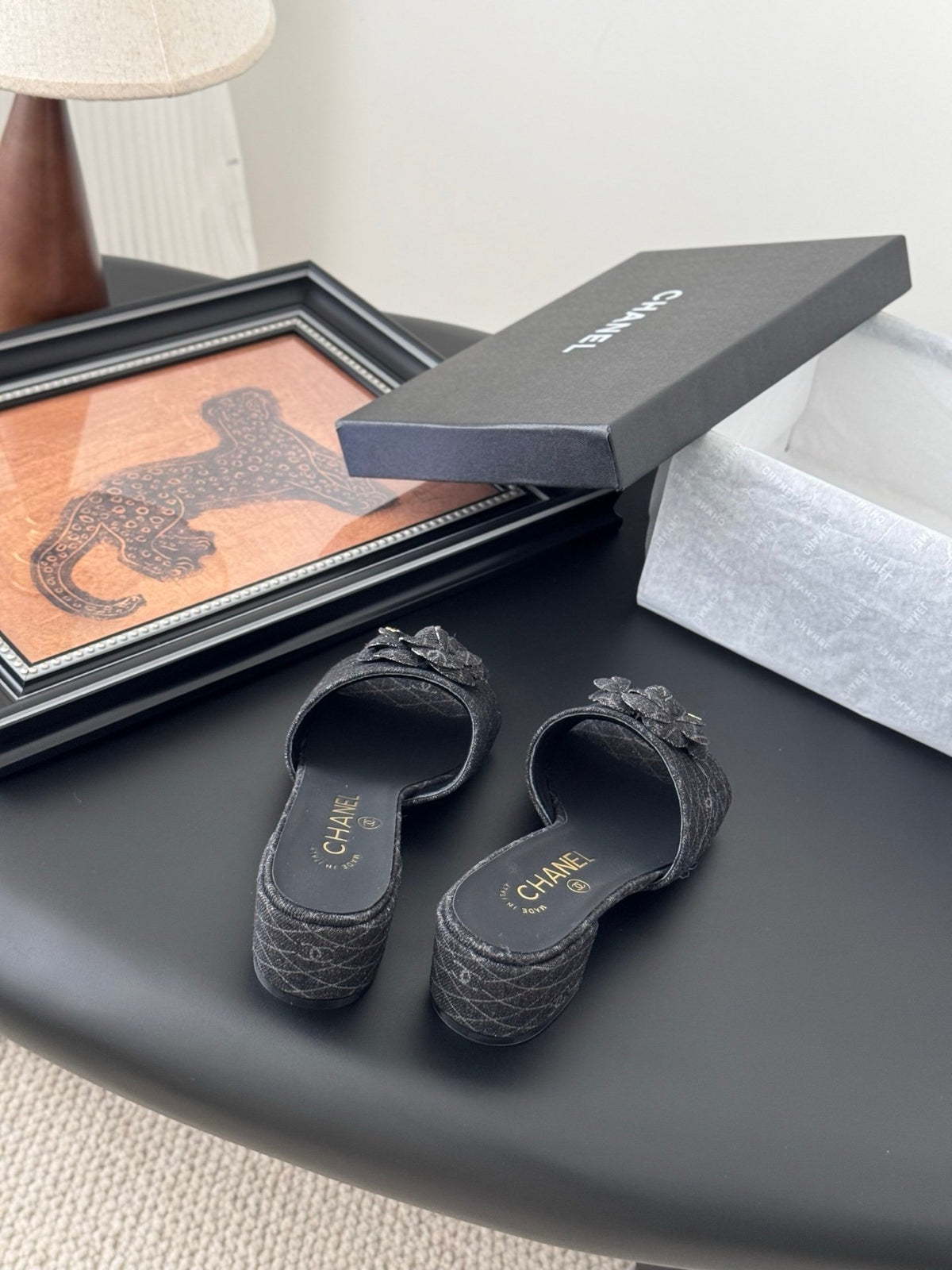 Chanel Women Black Fabric Quilted Mules
