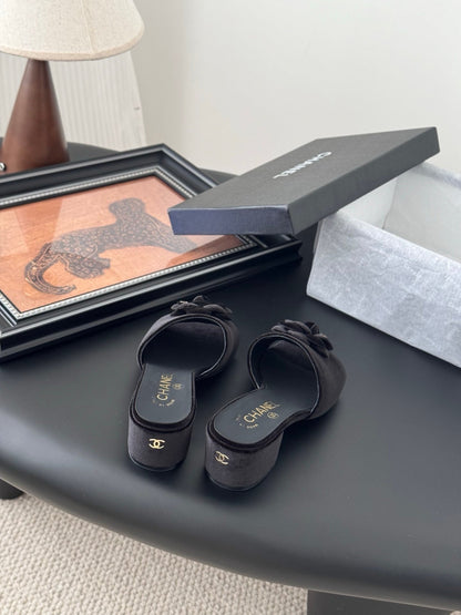 Chanel Women Black Velvet Flower Embellished Mules