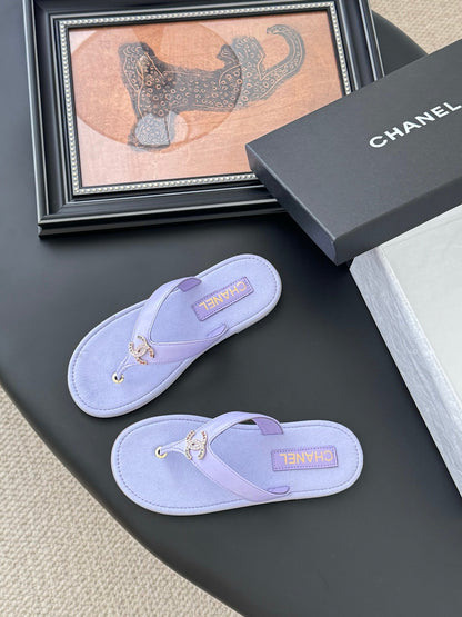 Chanel Women Light Purple Leather Slides