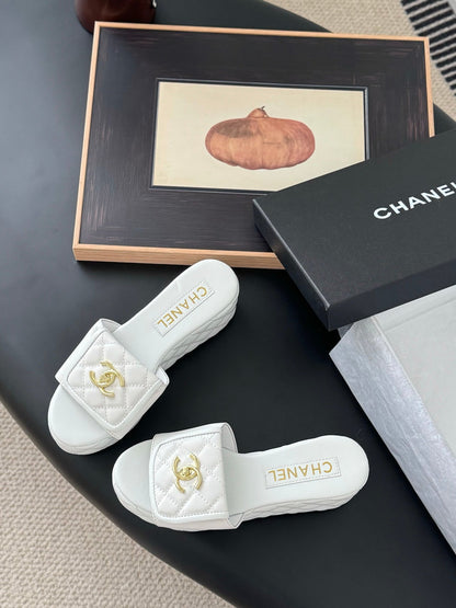 Chanel Women White Quilted Leather Slides