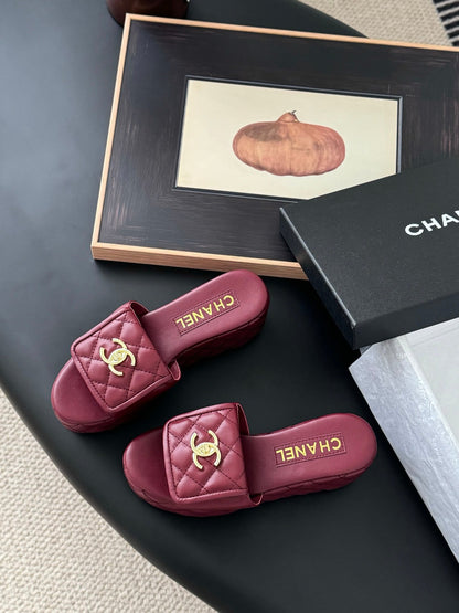 Chanel Women Burgundy Quilted Leather Slides