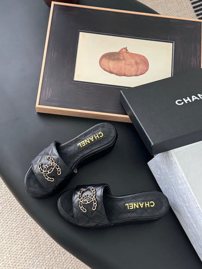 Chanel Women Black Leather Quilted Slides