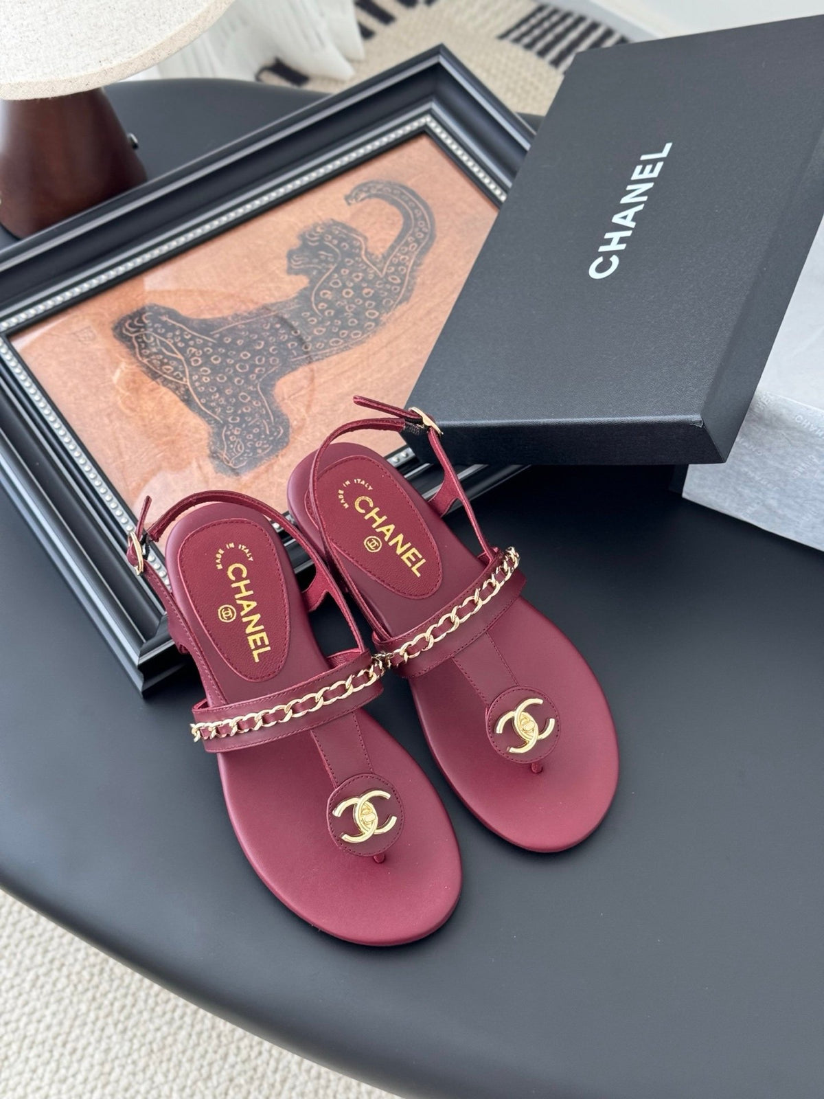 Chanel Women Burgundy Leather Sandals
