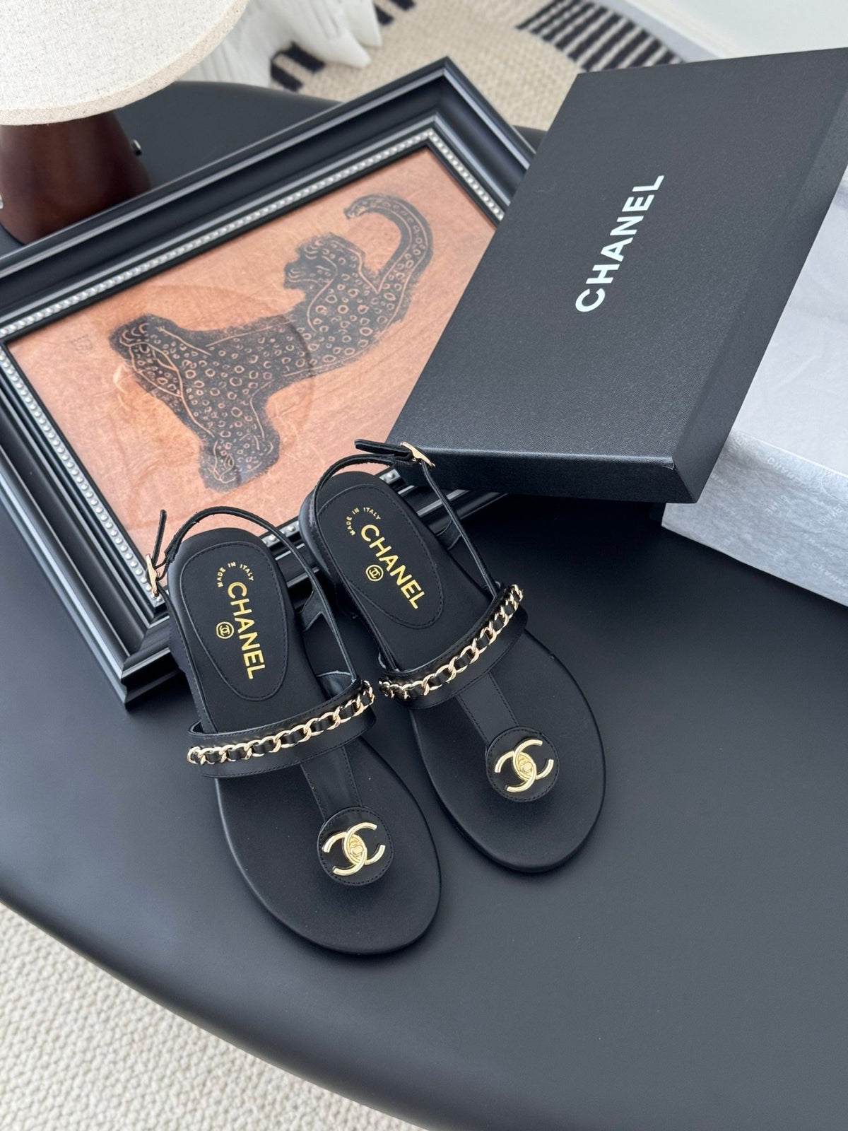 Chanel Women Black Leather Chain Detail Sandals