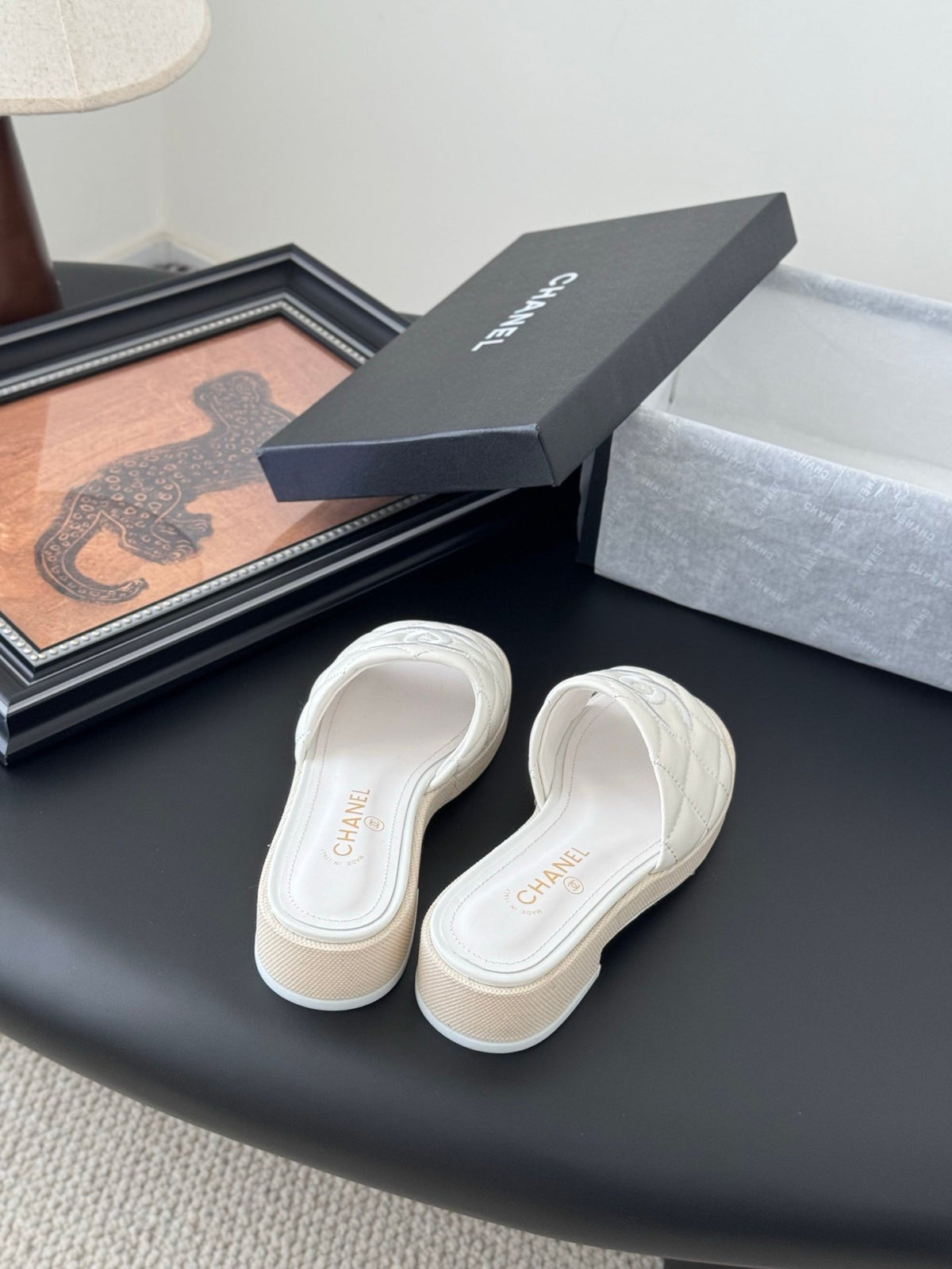 Chanel Women White Quilted Leather Slides