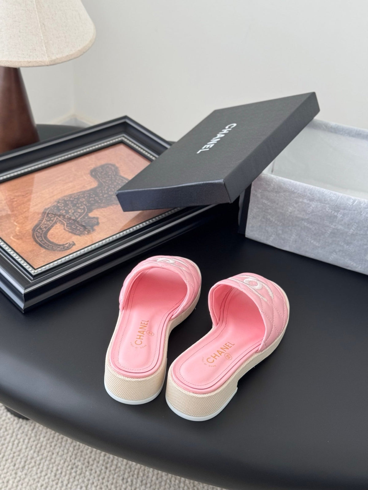 Chanel Women Pink Quilted Leather Slides