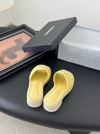 Chanel Women Yellow Quilted Leather Slides