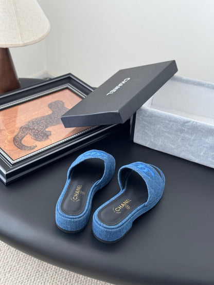 Chanel Women Blue Denim Slides