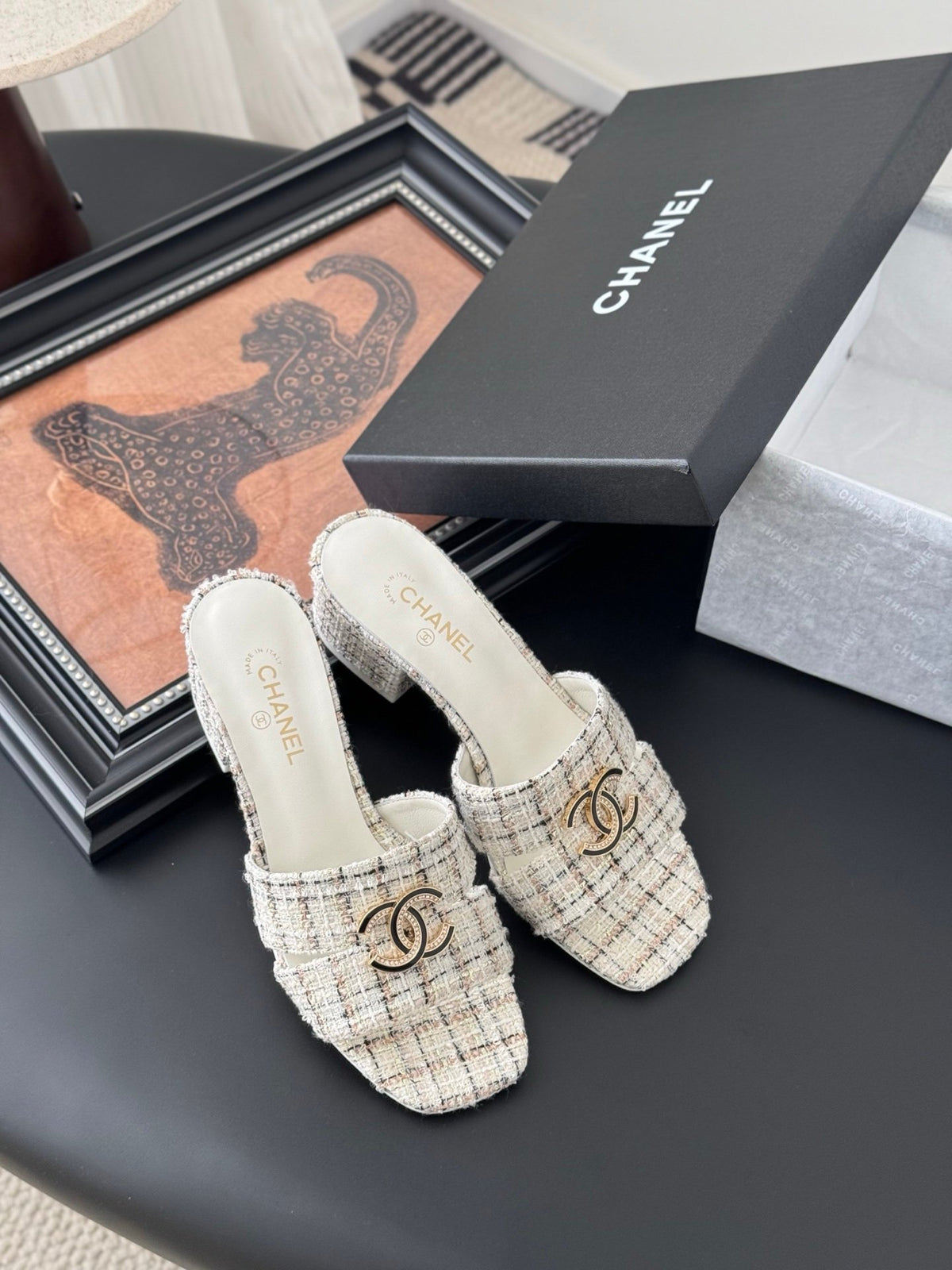 Chanel Women Cream Tweed Slides