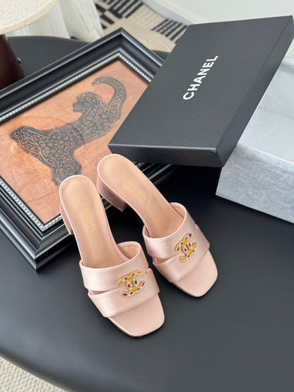 Chanel Women Light Pink Satin Mules