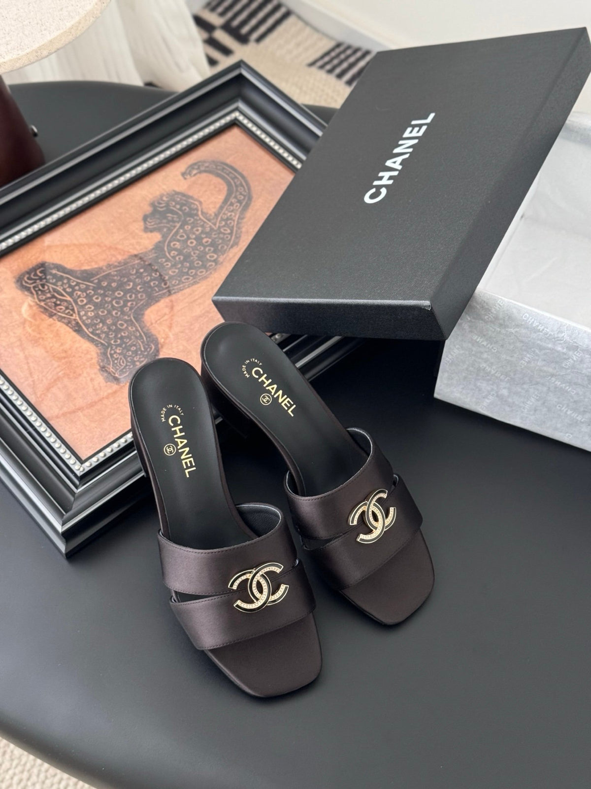 Chanel Women Dark Brown Satin Mules