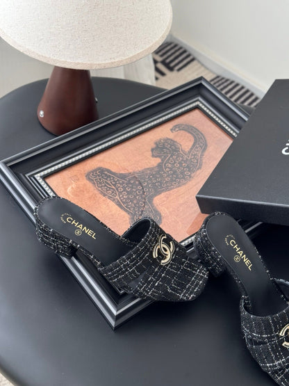 Chanel Women Black Tweed Mules