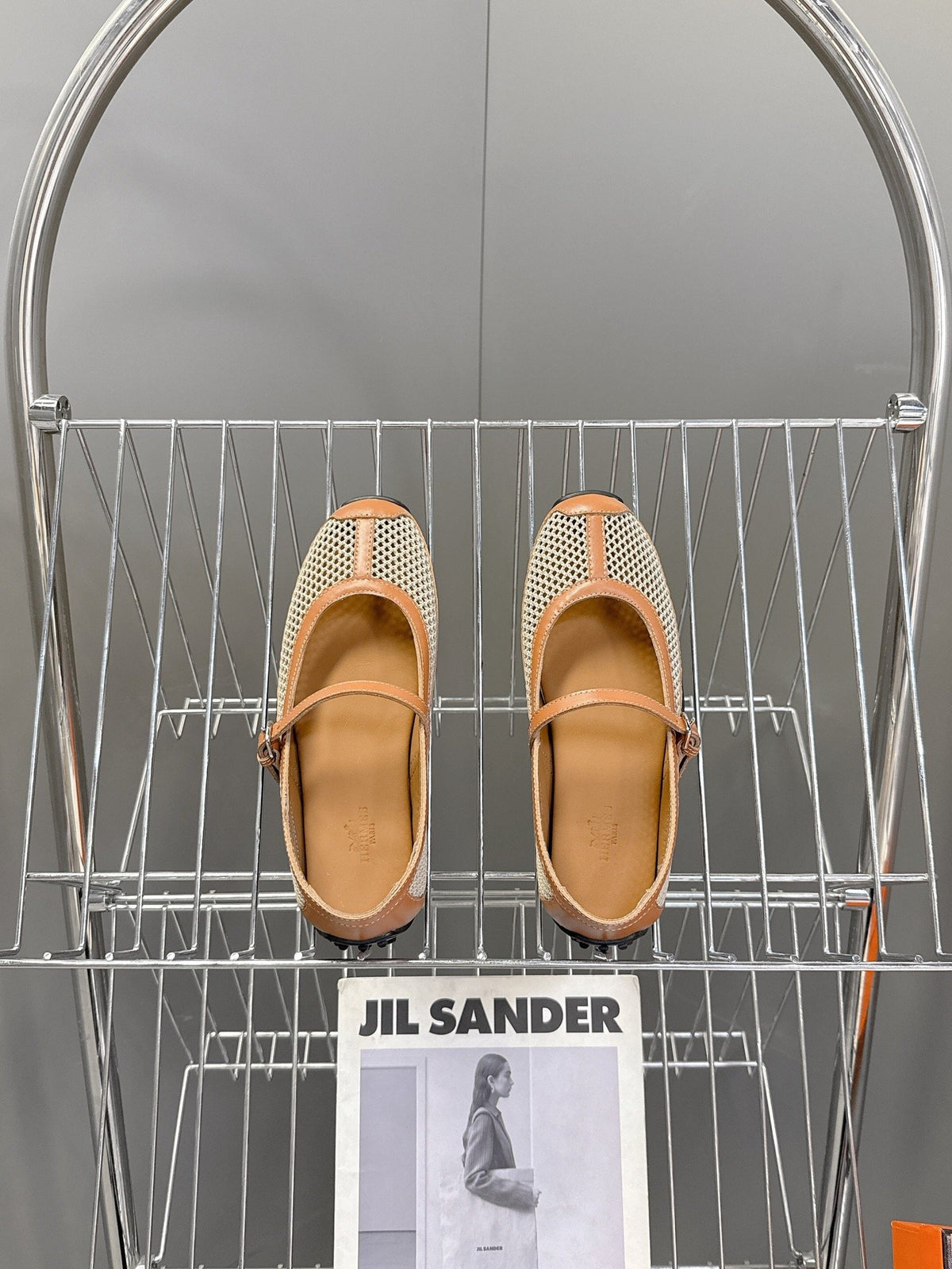 Hermes Women Beige Leather Mesh Mary Jane Flats