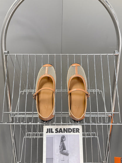 Hermes Women Beige Leather Mesh Mary Jane Flats